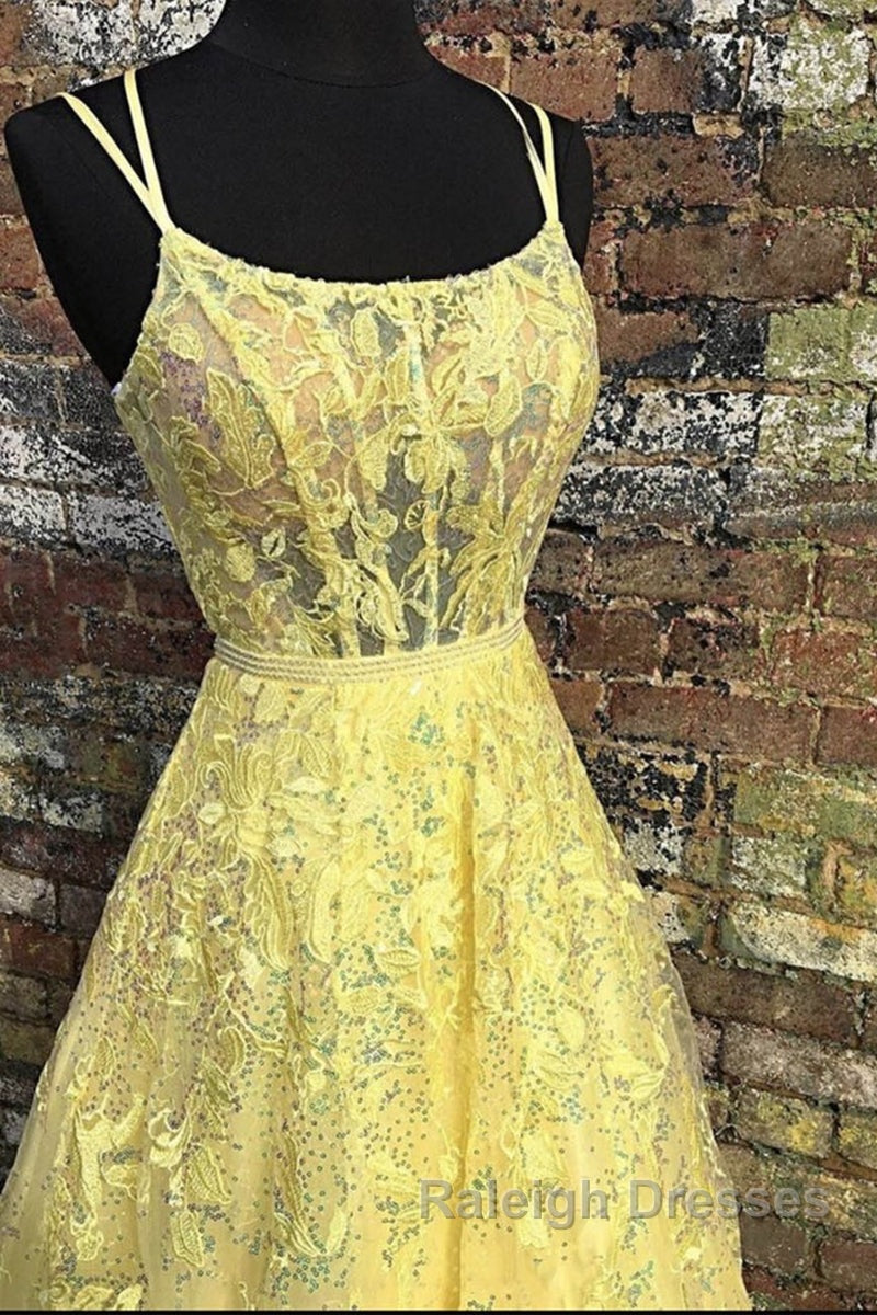 Custom Made Backless Yellow Lace Floral Long Prom Dresses Yellow Lace Prom Graduation Prom Dresses Secondary image
