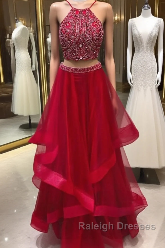 Custom Made Beaded Red Halter Two Piece Prom Dresses ,Formal Dresses