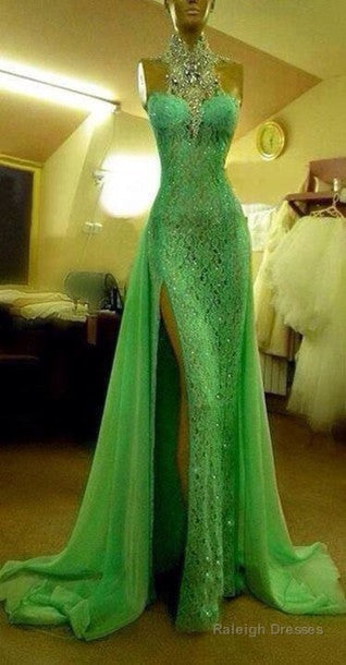 Custom Made Crystal Prom Dress Green High Neck Lace Prom Dress With Slit Mermaid Crystal Beaded Prom Dress Main image
