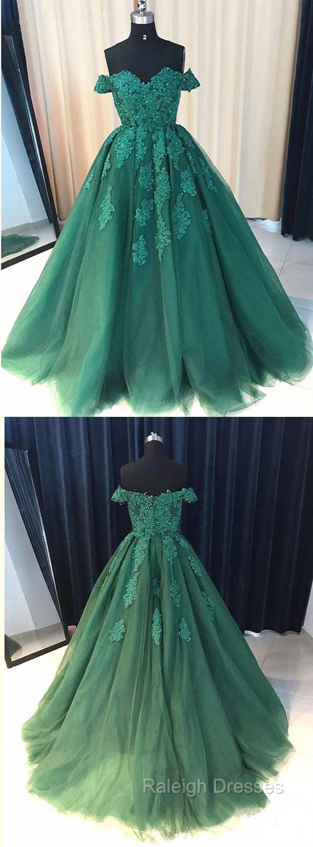 Custom Made Off Shoulder Emerald Green Lace Prom Dresses, Green Formal Dresses, Lace Prom Gown