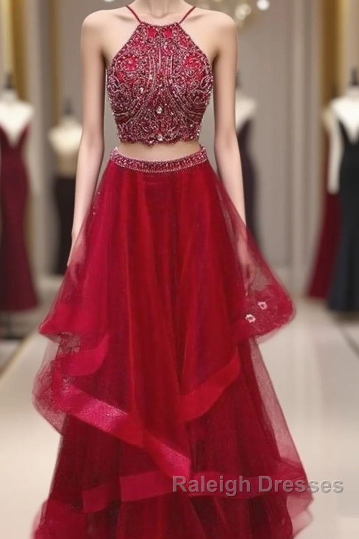 Custom Made Red Two Pieces Sequin Long Prom Dress, Evening Dress