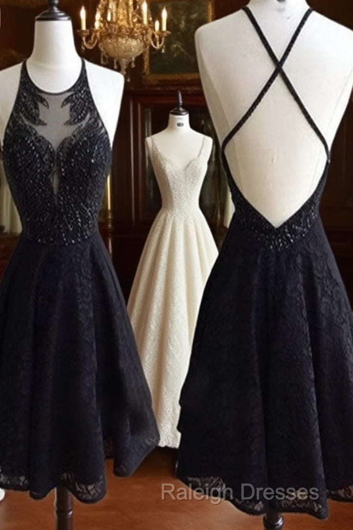 Custom Made Round Neck Backless Short Black Lace Prom Dresses, Short Black Lace Formal Dresses Main image
