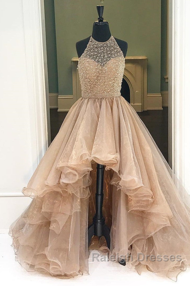Custom Made Round Neck High Low Champagne Prom Dresses, High Low Formal Dresses Secondary image