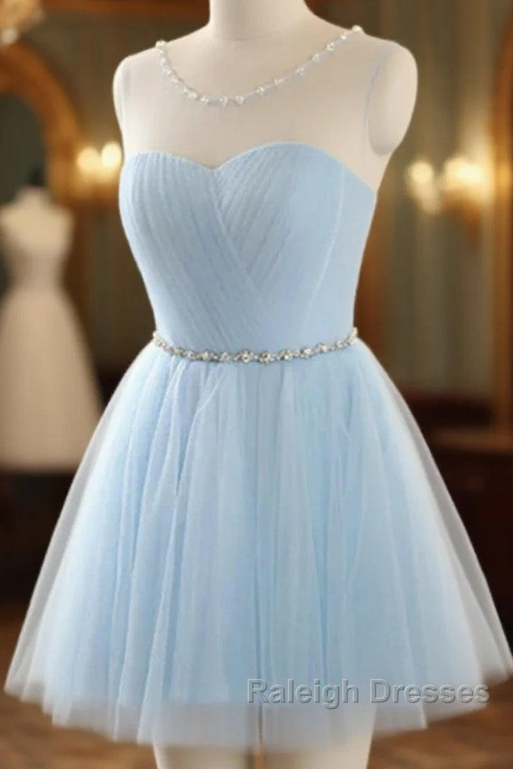 Custom Made Round Neck Short Blue Prom Dresses, Short Blue Graduation Dresses, Homecoming Dresses, Blue Bridesmaid Dresses Main image