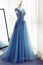 Custom Made Round Neck Sleeveless Lace Prom Dresses Blue Lace Prom Dresses