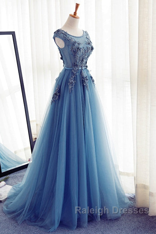 Custom Made Round Neck Sleeveless Lace Prom Dresses Blue Lace Prom Dresses