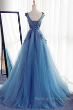 Custom Made Round Neck Sleeveless Lace Prom Dresses Blue Lace Prom Dresses