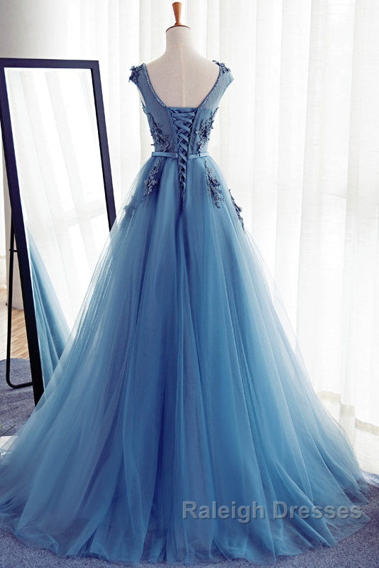 Custom Made Round Neck Sleeveless Lace Prom Dresses Blue Lace Prom Dresses