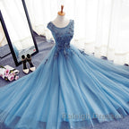 Custom Made Round Neck Sleeveless Lace Prom Dress, Blue Lace Formal Dress