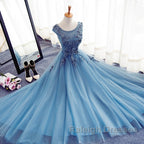Custom Made Round Neck Sleeveless Lace Prom Dresses Blue Lace Prom Dresses