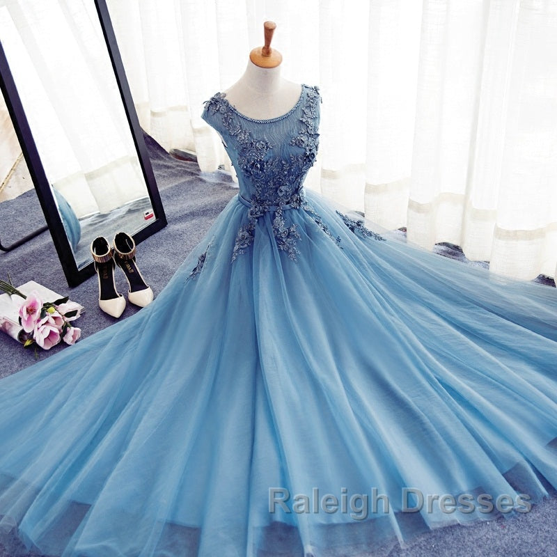 Custom Made Round Neck Sleeveless Lace Prom Dresses Blue Lace Prom Dresses