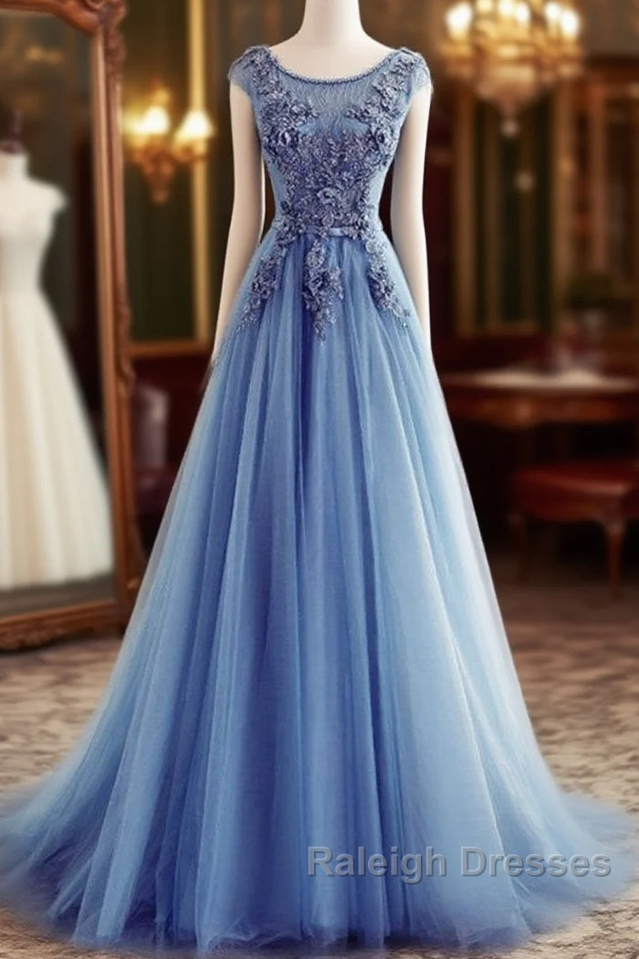 Custom Made Round Neck Sleeveless Lace Prom Dress, Blue Lace Formal Dress Main image