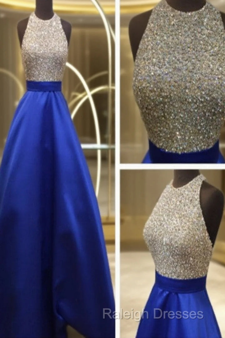 Custom Made Royal Blue Round Neck Sleeveless Prom Dresses, Blue Formal Dresses