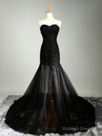 Custom Made Sweetheart Neck Mermaid Black Lace Prom Dress With Sweep Train Black Lace Prom Dress