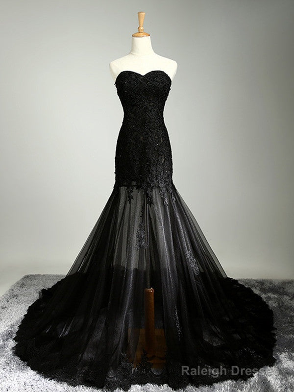 Custom Made Sweetheart Neck Mermaid Black Lace Prom Dress With Sweep Train Black Lace Prom Dress