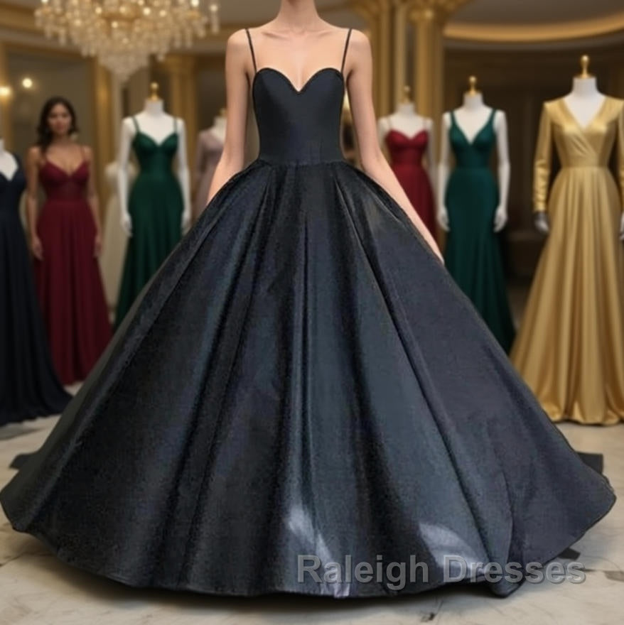 Custom Made Thin Straps Sweetheart Neck Black Ball Gown, Black Long Prom Dresses, Evening Dresses