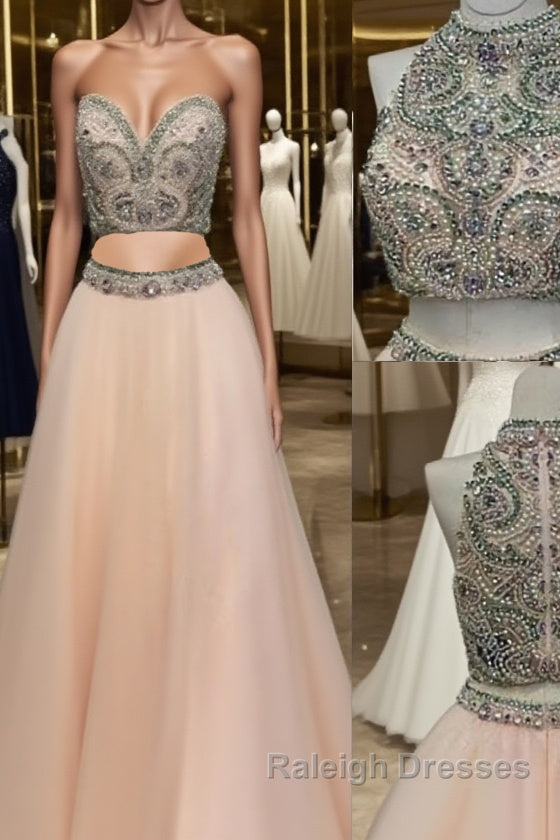 Custom Made Two Pieces High-Neck Beaded Pink Tulle Prom Dress Pink Prom Dress