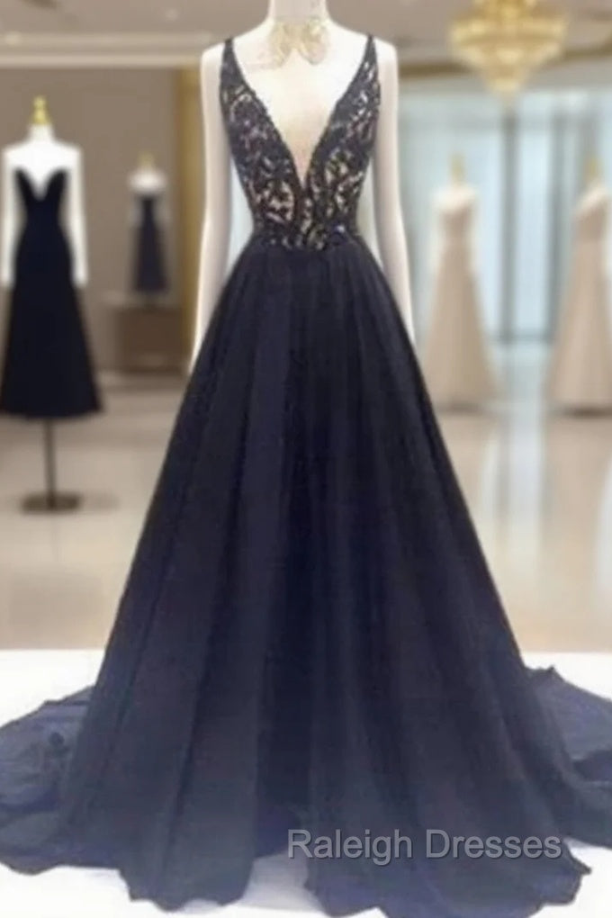 Custom Made V Neck Sweep Train Long Black Lace Prom Dress, Black Long Lace Formal Dresses Main image