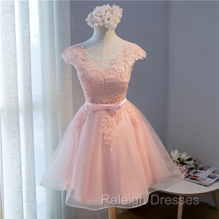 Custom Pink Lovely Cap Sleeves Knee Length Formal Dress, Pink Tulle Prom Dress