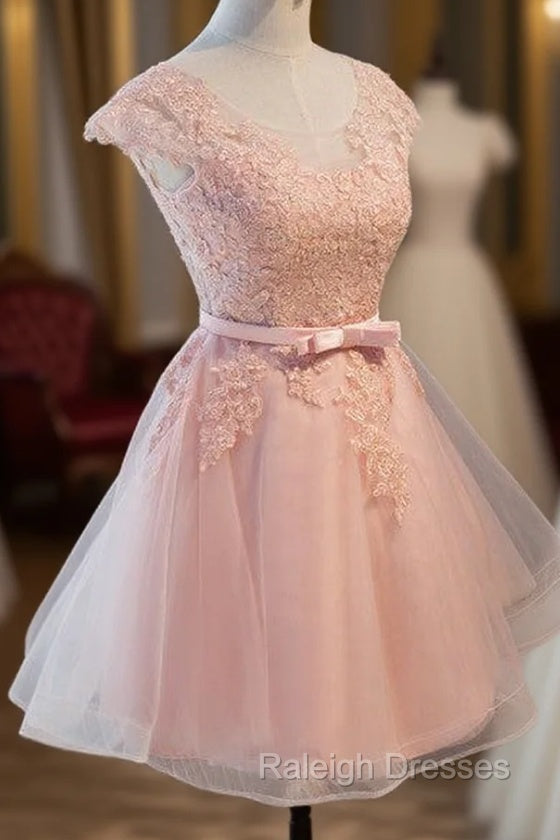 Custom Pink Lovely Cap Sleeves Knee Length Formal Dress, Pink Tulle Prom Dress