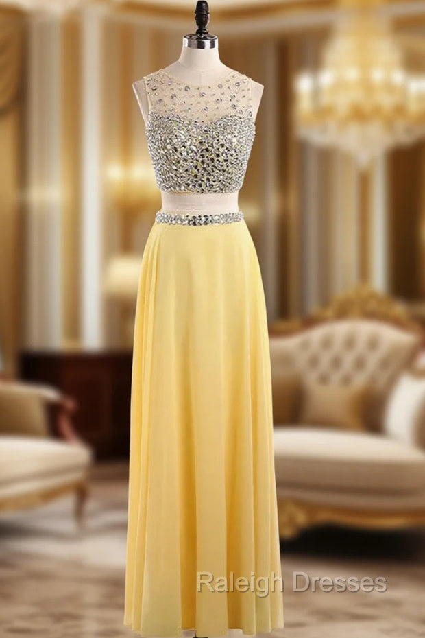 Custom Sexy Yellow Sequins Beaded 2 Piece Prom Dresses Scoop Long