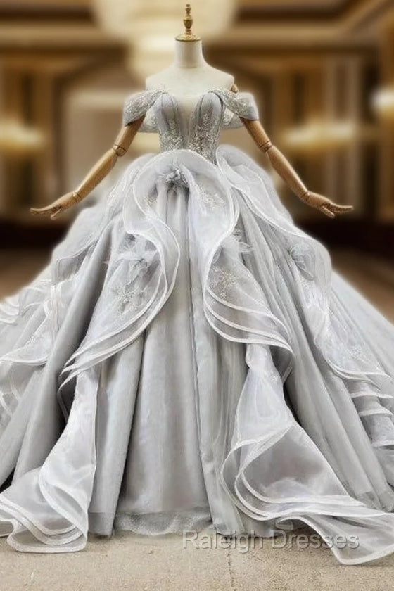 Custom Tailored Gray Ball Gown Tulle Off the Shoulder Appliques Wedding Dress