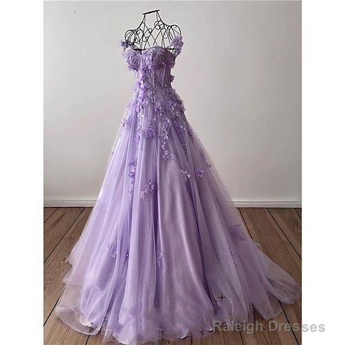 Cute A-Line Floor Length Lilac Prom Dress With Lace Main image