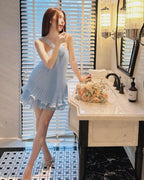 Cute A-Line Halter Baby Blue Pleated Chiffon Short Homecoming Dresses Birthday Dresses