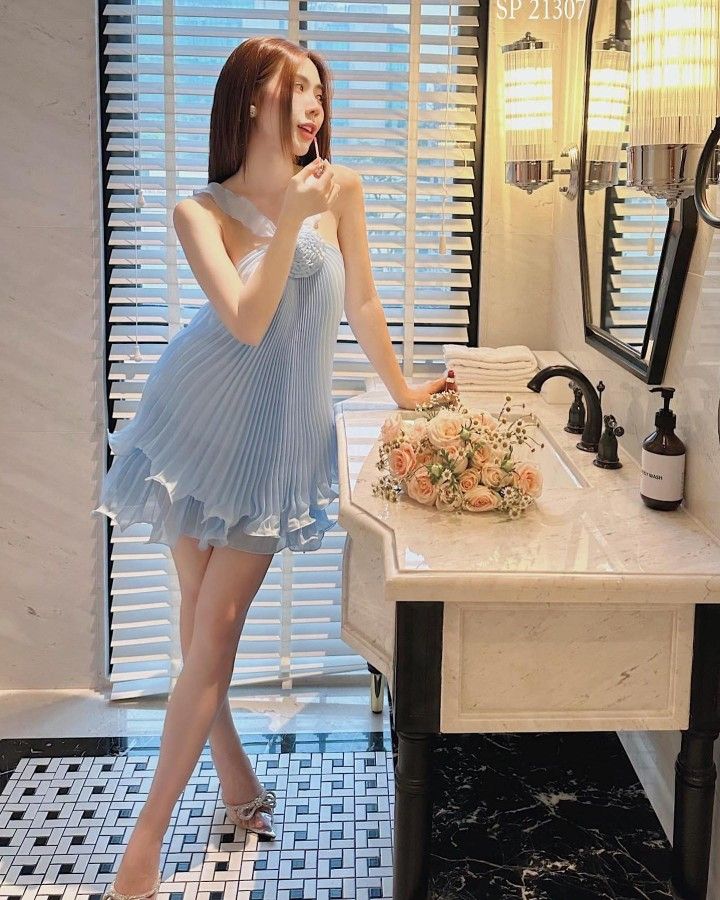 Cute A-Line Halter Baby Blue Pleated Chiffon Short Homecoming Dresses Birthday Dresses