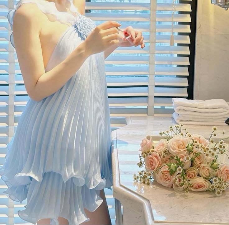 Cute A-Line Halter Baby Blue Pleated Chiffon Short Homecoming Dresses Birthday Dresses