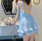 Cute A-Line Halter Baby Blue Pleated Chiffon Short Homecoming Dresses Birthday Dresses