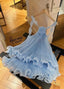 Cute A-Line Halter Baby Blue Pleated Chiffon Short Homecoming Dresses Birthday Dresses