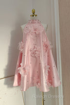 Cute A Line Halter Pink Travel Vacation Dresses Short Satin Birthday Dress