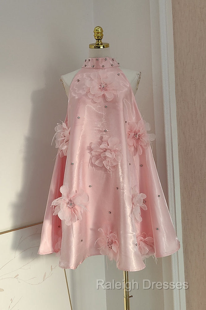 Cute A Line Halter Pink Travel Vacation Dresses Short Satin Birthday Dress