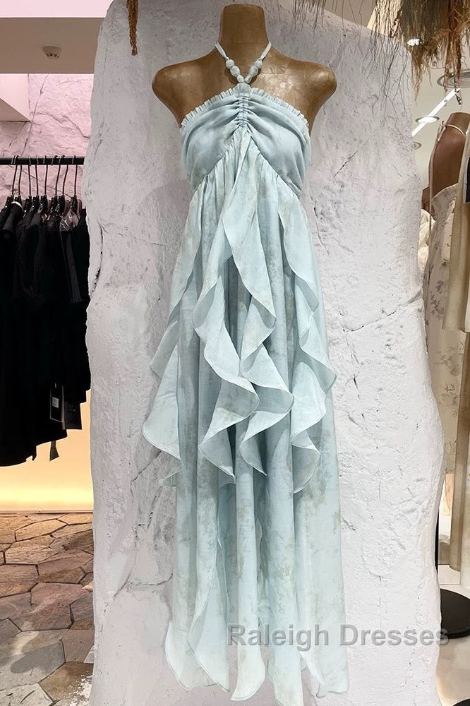 Cute A Line Halter Ruffled Floral Blue Summer Holiday Dress WomenS Long Vacation Dresses
