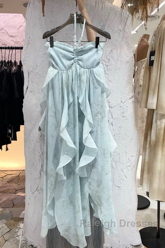 Cute A Line Halter Ruffled Floral Blue Summer Holiday Dress WomenS Long Vacation Dresses