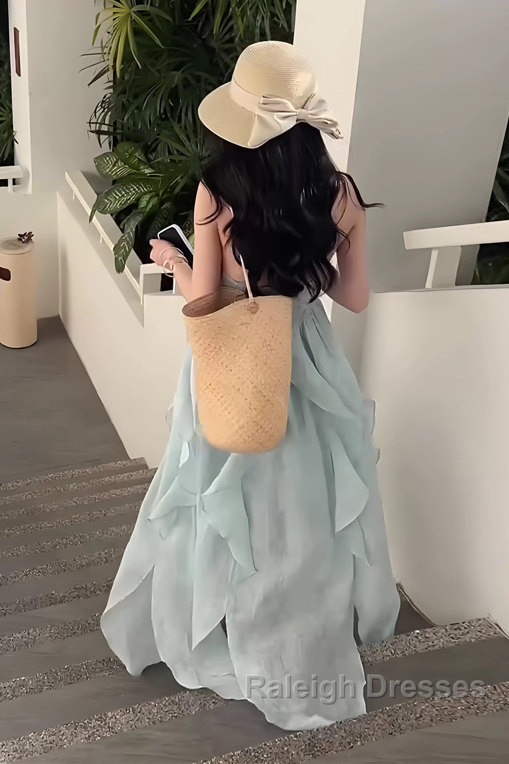 Cute A Line Halter Ruffled Floral Blue Summer Holiday Dress WomenS Long Vacation Dresses