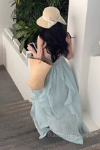 Cute A Line Halter Ruffled Floral Blue Summer Holiday Dress WomenS Long Vacation Dresses