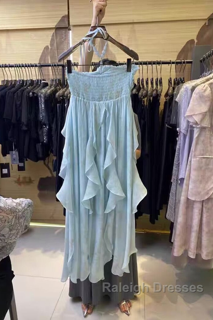 Cute A Line Halter Ruffled Floral Blue Summer Holiday Dress WomenS Long Vacation Dresses