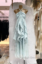 Cute A Line Halter Ruffled Floral Blue Summer Holiday Dress WomenS Long Vacation Dresses