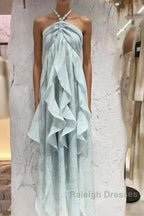 Cute A Line Halter Ruffled Floral Blue Summer Holiday Dress WomenS Long Vacation Dresses