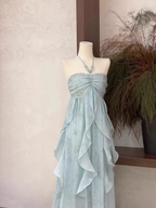 Cute A-Line Halter Ruffled Floral Blue Women Long Vacation Dress