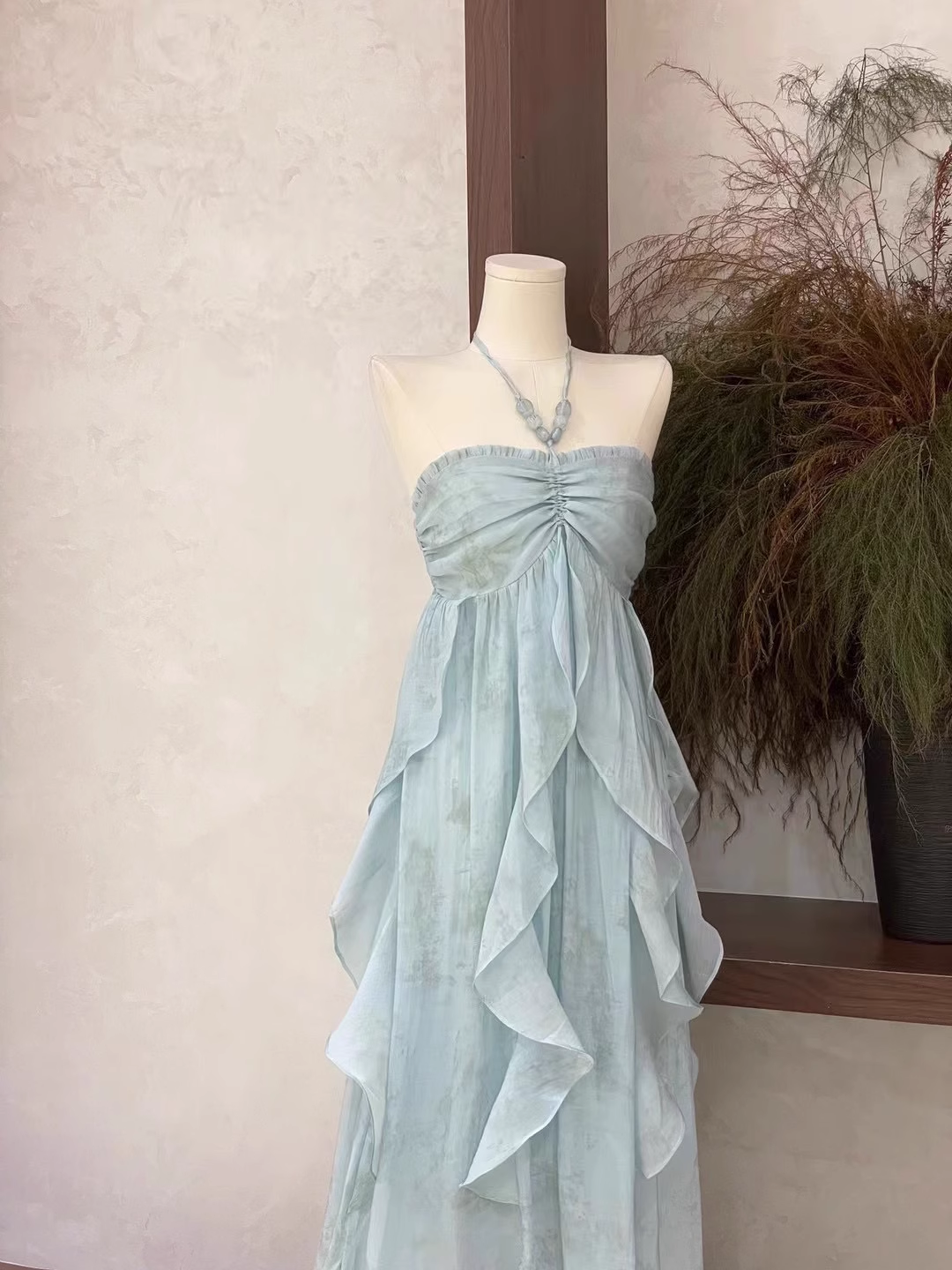 Cute A-Line Halter Ruffled Floral Blue Women Long Vacation Dress