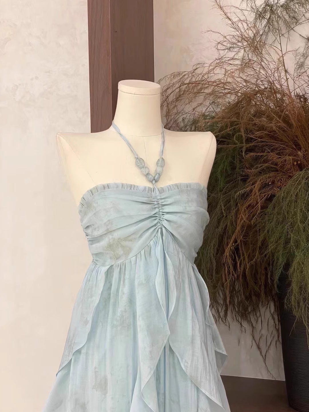 Cute A-Line Halter Ruffled Floral Blue Women Long Vacation Dress