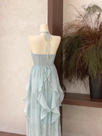 Cute A-Line Halter Ruffled Floral Blue Women Long Vacation Dress
