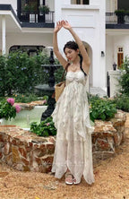 Cute A-Line Halter Ruffled Floral Blue Women Long Vacation Dress