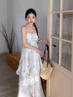 Cute A-Line Halter Ruffled Floral Blue Women Long Vacation Dress