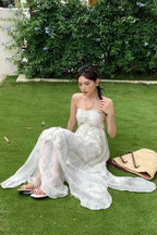Cute A-Line Halter Ruffled Floral Blue Women Long Vacation Dress