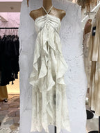 Cute A-Line Halter Ruffled Floral Blue Women Long Vacation Dress