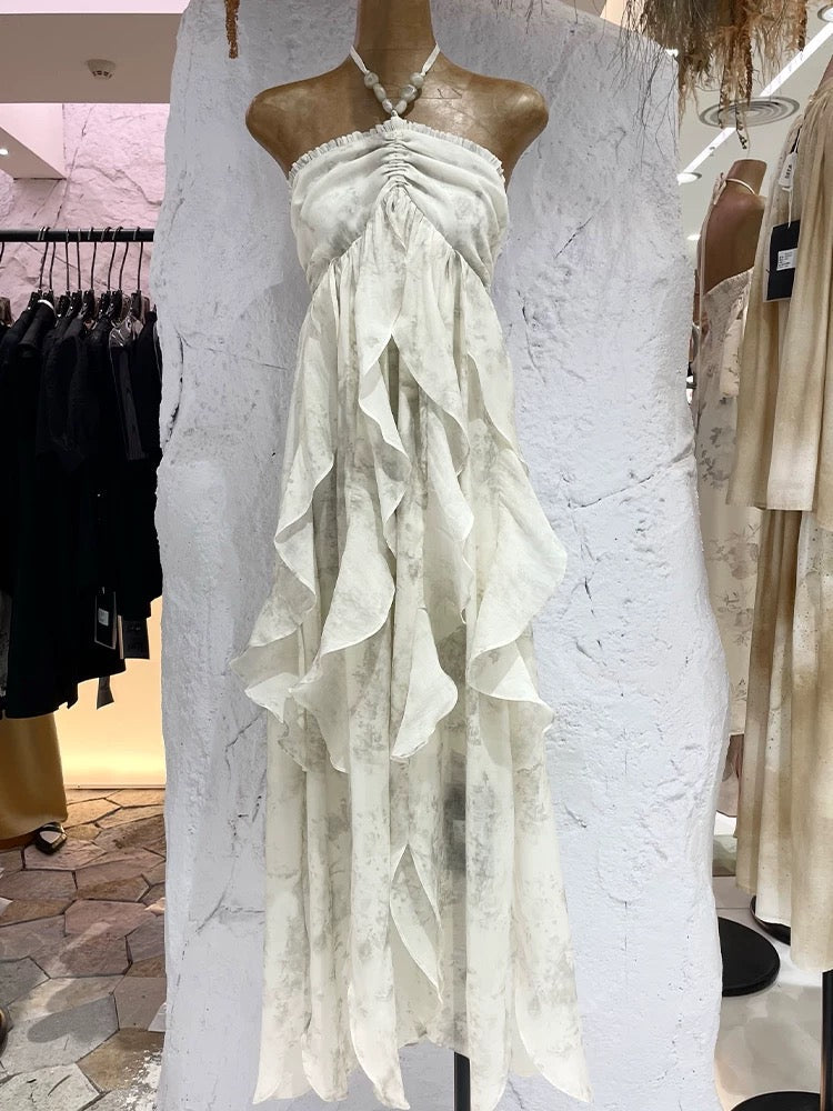 Cute A-Line Halter Ruffled Floral Blue Women Long Vacation Dress